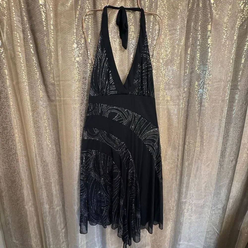 BCX Vintage Y2K 2000s Black Silver Glitter Sparkle Halter Dress Large NWT